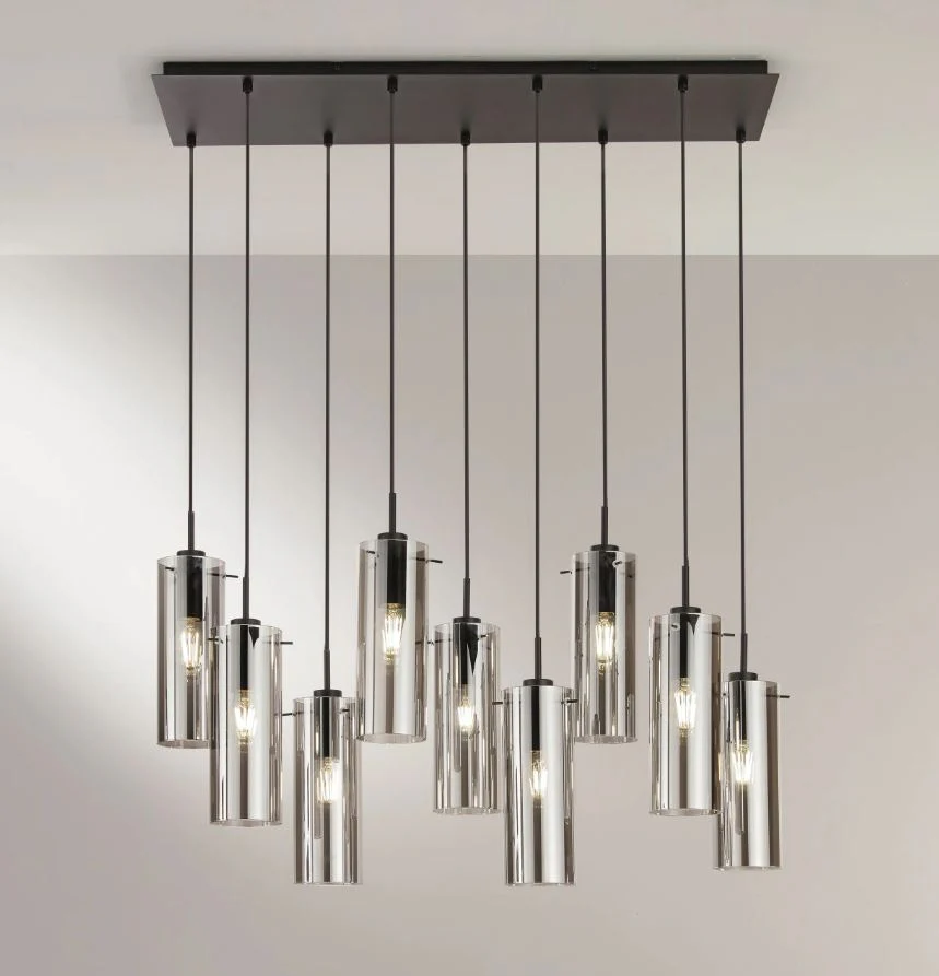Sosp. 9 luci forme cilindriche in metallo nero con vetro fumè o metallo oro con vetro ambra 9XE27 non incl. MAGIC - immagine 5